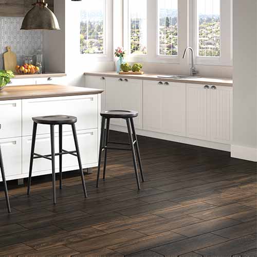 Rainforest Brown WoodLook Tile Plank Kitchen Area